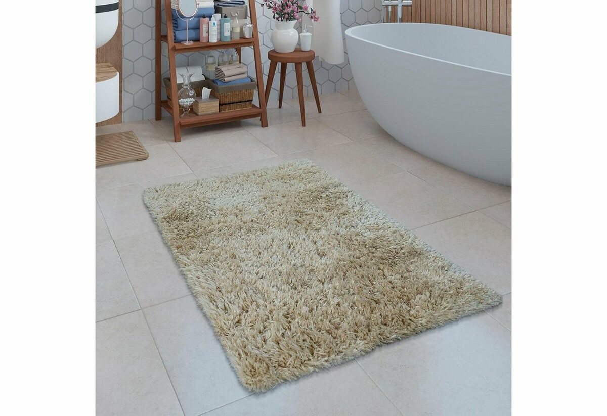 Bild 1 von Badematte Kanda 360 Paco Home, Höhe 44 mm, rutschhemmend beschichtet, fußbodenheizungsgeeignet, Polyester, rechteckig, Badteppich, Uni Farben, weicher Hochflor, rechteckig & rund erhältlich, Beige