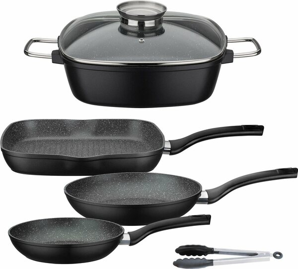 Bild 1 von GSW Topf-Set Gourmet Granit, Aluminiumguss (Set, 5-tlg., 3 Pfannen, 1 Viereckbräter, 1 Kochzange), Induktion, Schwarz