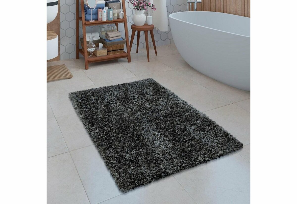 Bild 1 von Badematte Kanda 360 Paco Home, Höhe 44 mm, rutschhemmend beschichtet, fußbodenheizungsgeeignet, Polyester, rechteckig, Badteppich, Uni Farben, weicher Hochflor, rechteckig & rund erhältlich, Grau