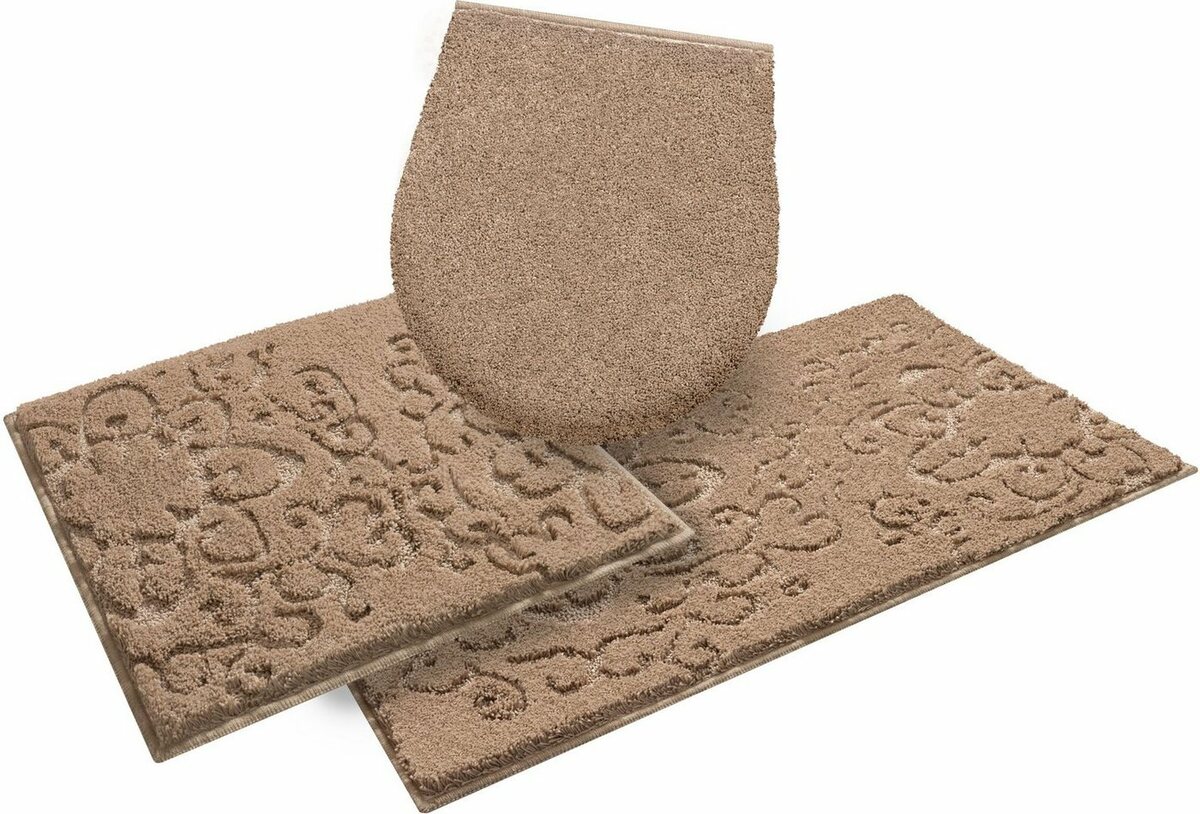 Bild 1 von Badematte Sophia Grund, Höhe 22 mm, rutschhemmend beschichtet, Polyester, rechteckig, 3-tlg. Hänge-WC Set, Hoch-Tief-Struktur, Made in Europe, Braun