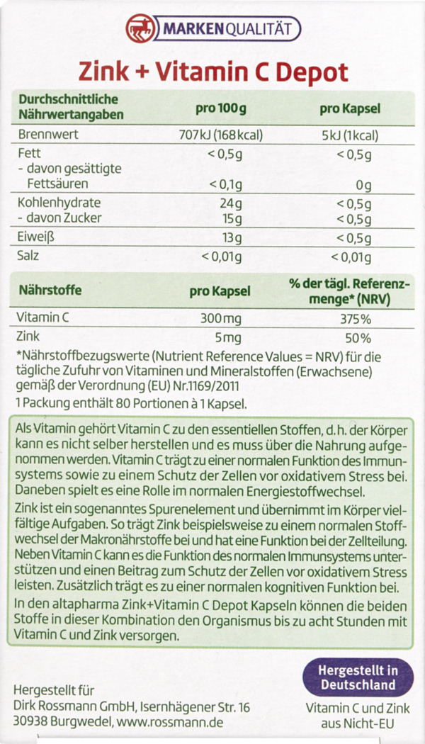 Bild 1 von altapharma Zink + Vitamin C Depot Kapseln