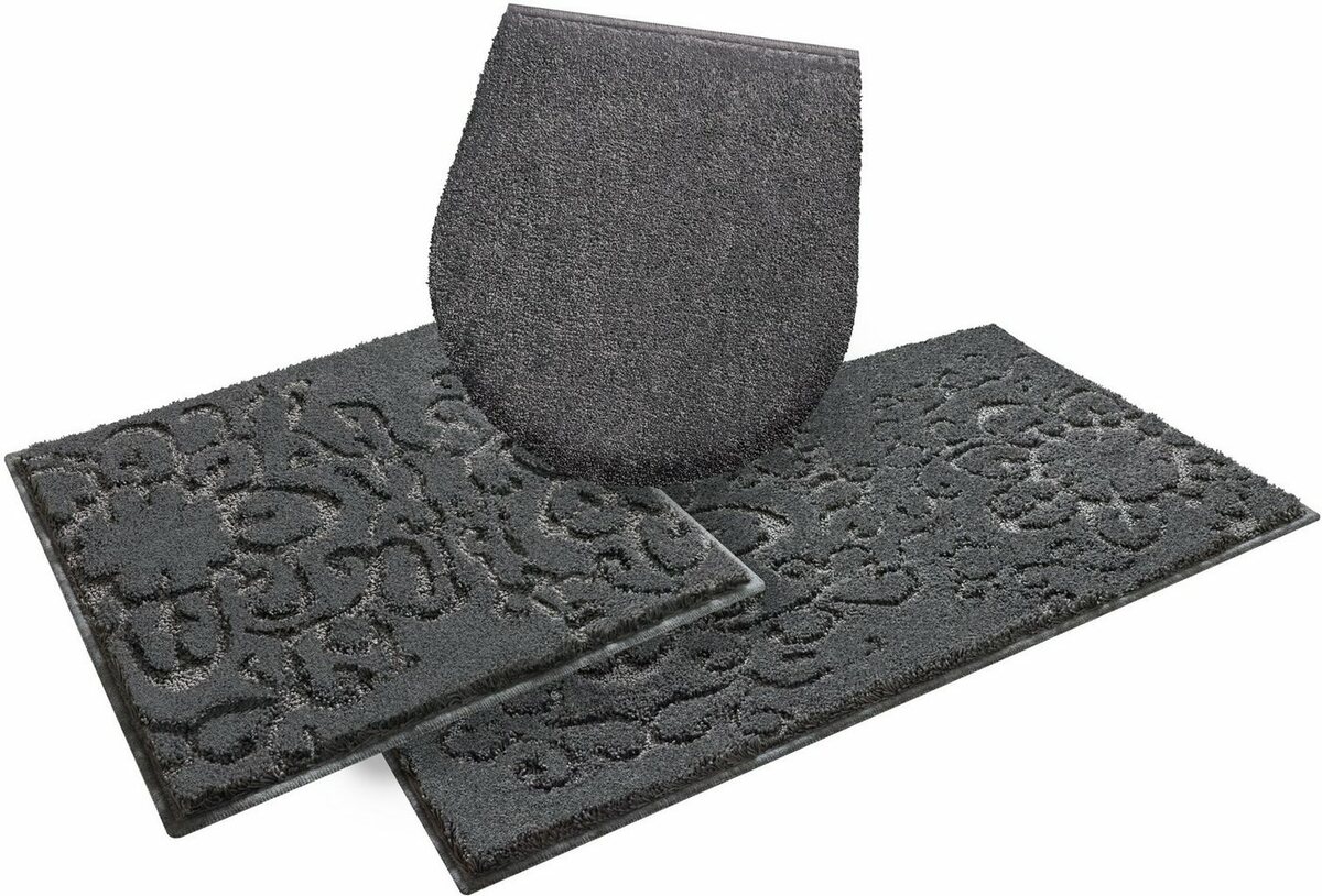 Bild 1 von Badematte Sophia Grund, Höhe 22 mm, rutschhemmend beschichtet, Polyester, rechteckig, 3-tlg. Hänge-WC Set, Hoch-Tief-Struktur, Made in Europe, Grau