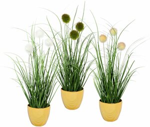 Kunstgras Grasbusch mit Kletten, Leonique, Höhe 35 cm, Kunstpflanze, Gras, im Topf, 3er-Set, Goldfarben|grün