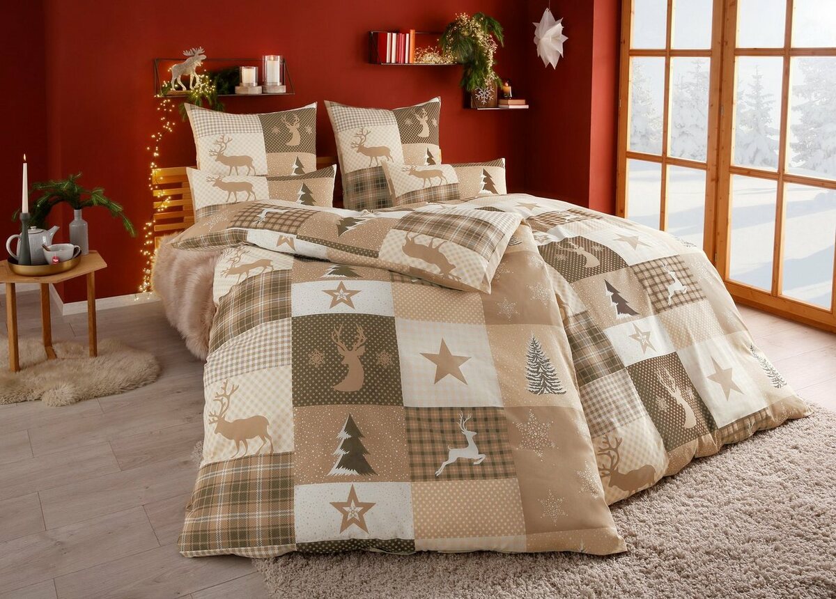 Bild 1 von Bettwäsche Nicholas in Gr. 135x200 oder 155x220 cm, ideal für Weihnachten, Home affaire, Biber, Weihnachtsbettwäsche, Winter, Beige