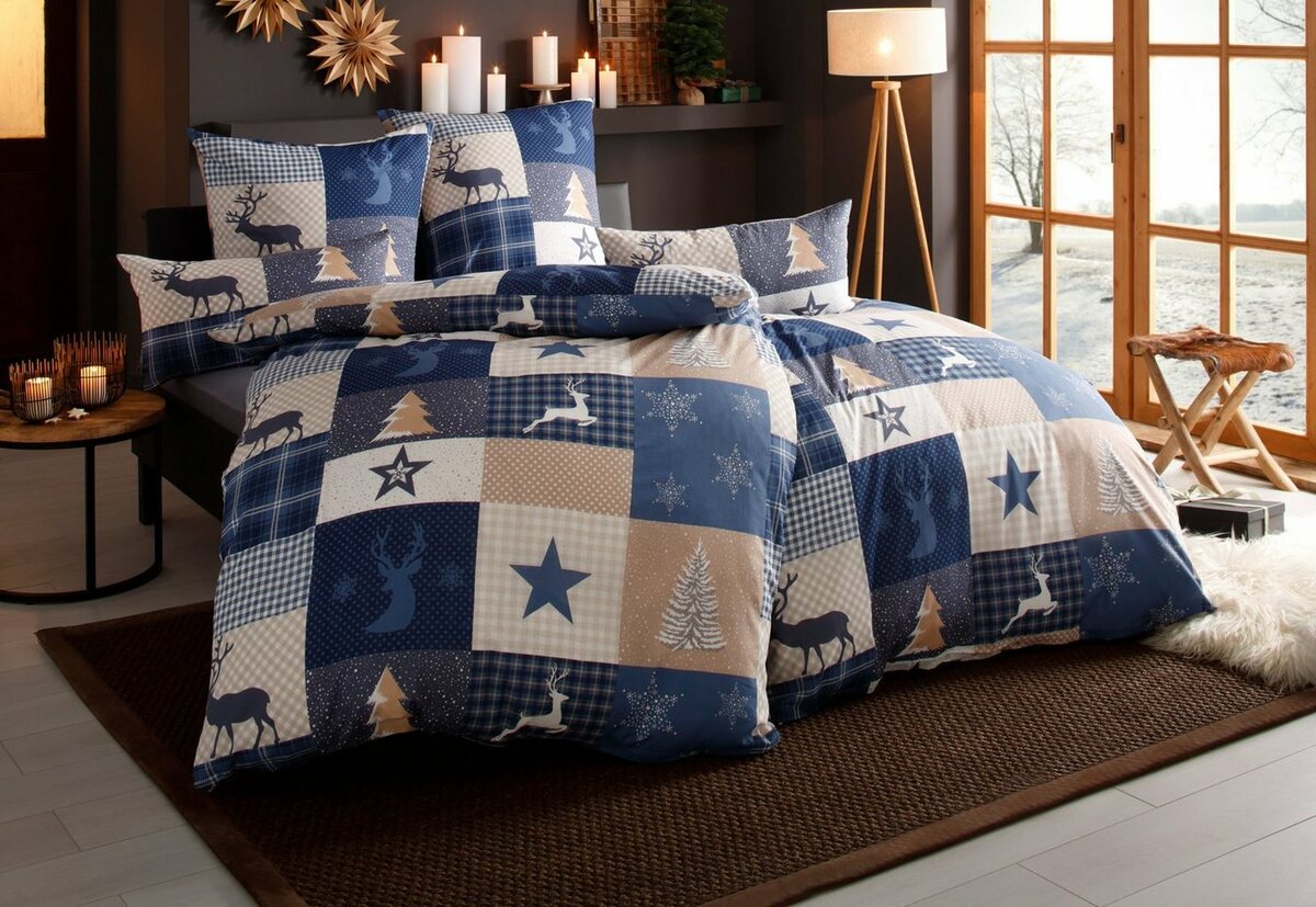 Bild 1 von Bettwäsche Nicholas in Gr. 135x200 oder 155x220 cm, ideal für Weihnachten, Home affaire, Biber, 2 teilig, Weihnachtsbettwäsche, Winter, Blau