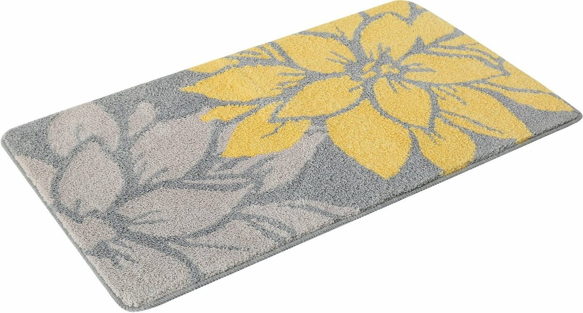 Bild 1 von Badematte Susan Home affaire, Höhe 15 mm, fußbodenheizungsgeeignet, strapazierfähig, Polyester, rechteckig, Blumen-Muster, Badteppich, Badematten auch als 3 teiliges Set & rund, Gelb|grau
