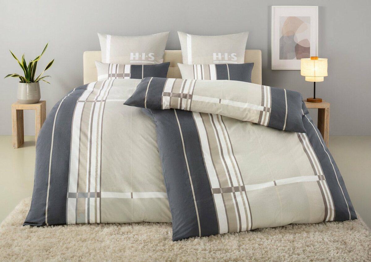 Bild 1 von Bettwäsche Golfi in Gr. 135x200 oder 155x220 cm, H.I.S, Biber, 2 teilig, Bettwäsche aus Baumwolle, sportliche Bettwäsche mit Streifen, Grau