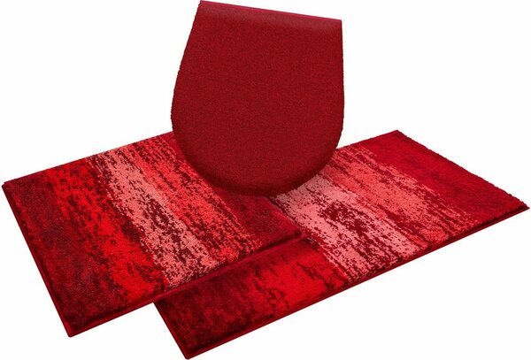 Bild 1 von Badematte Plank Grund, Höhe 20 mm, rutschhemmend beschichtet, schnell trocknend, Polyacryl, rechteckig, 3-tlg. Hänge-WC Set, weiche Haptik, Made in Europe, Rot