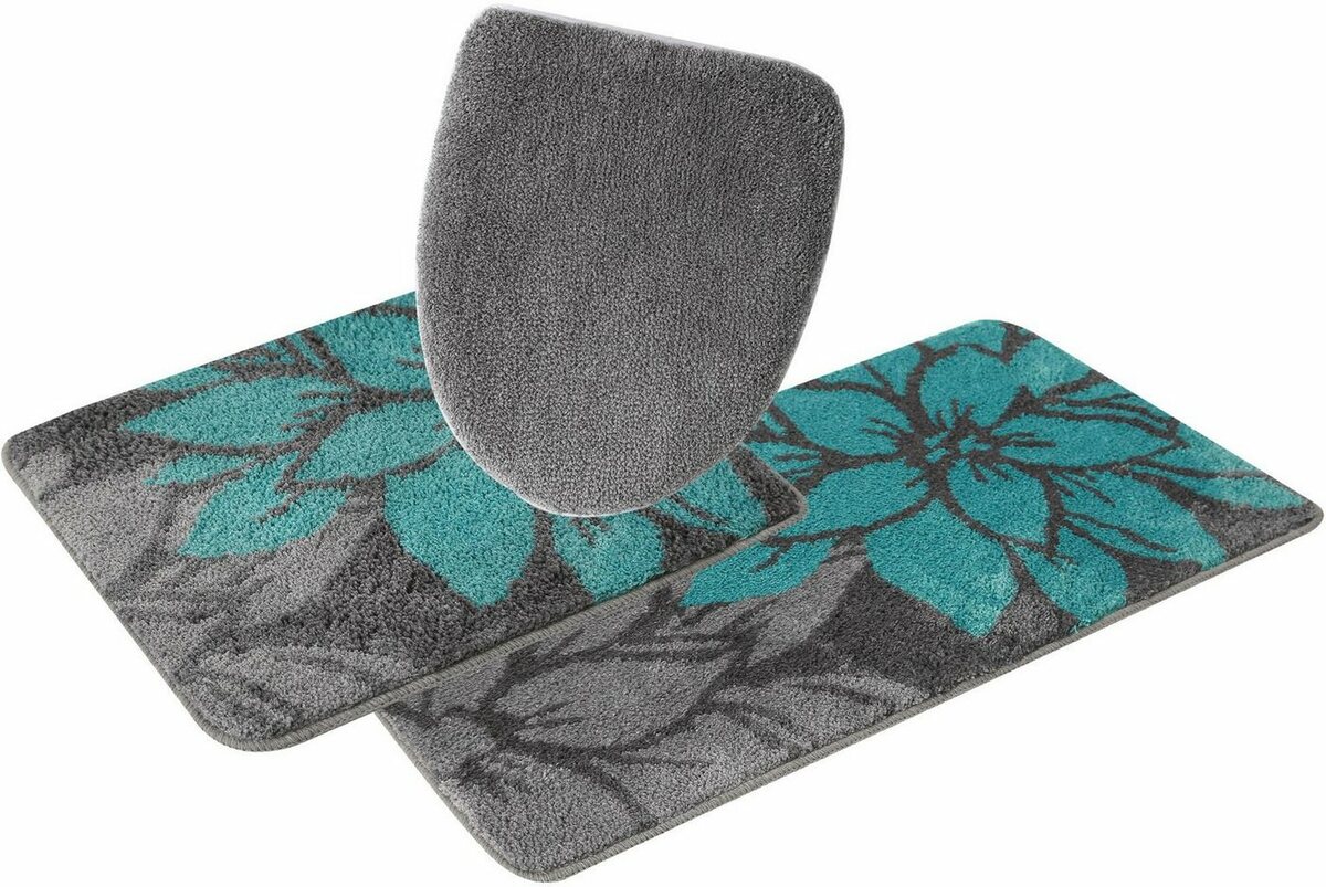 Bild 1 von Badematte Susan Home affaire, Höhe 15 mm, fußbodenheizungsgeeignet, strapazierfähig, Polyester, rechteckig, 3-tlg. Hänge-WC Set, Blumen-Muster, Badteppich, Badematten auch als 3 teiliges Set & ru