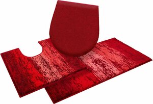 Badematte Plank Grund, Höhe 20 mm, rutschhemmend beschichtet, schnell trocknend, Polyacryl, rechteckig, 3-tlg. Stand-WC Set, weiche Haptik, Made in Europe, Rot
