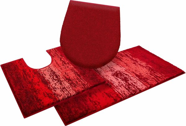 Bild 1 von Badematte Plank Grund, Höhe 20 mm, rutschhemmend beschichtet, schnell trocknend, Polyacryl, rechteckig, 3-tlg. Stand-WC Set, weiche Haptik, Made in Europe, Rot
