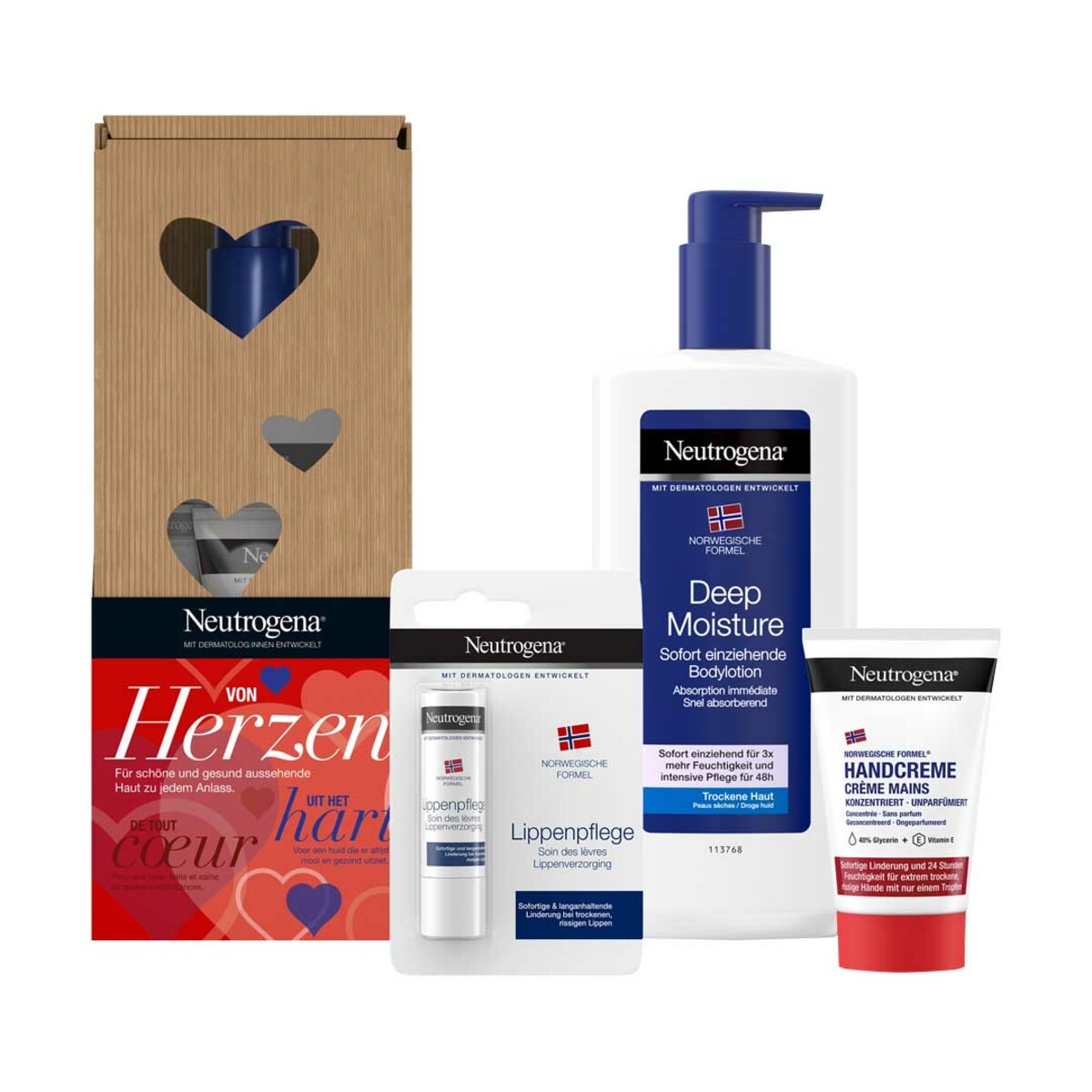 Bild 1 von NEUTROGENA  GESCHENKSET VON HERZEN  Deep Moisture Bodylotion,  Handcreme unparfürmiert und Lippenpflege, je Pckg.