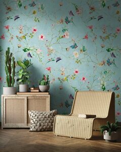 Living walls Fototapete The Wall, glatt, animal print, floral, geblümt, Fototapete Blume Tapete Landhaus Türkis Grün Rosa, Blau|grün