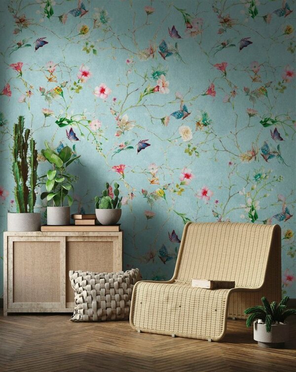 Bild 1 von Living walls Fototapete The Wall, glatt, animal print, floral, geblümt, Fototapete Blume Tapete Landhaus Türkis Grün Rosa, Blau|grün