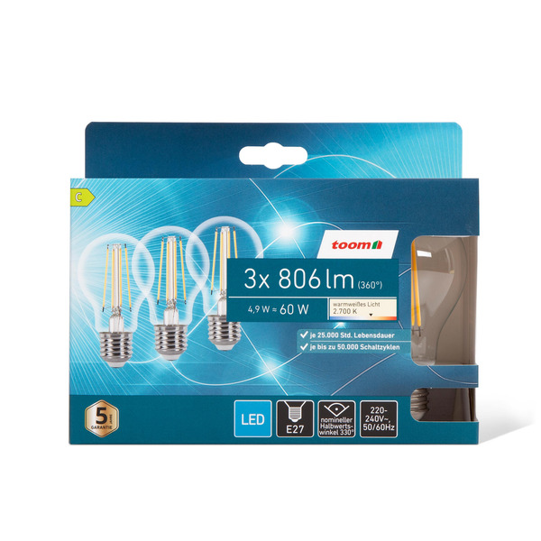 Bild 1 von LED-Tropfenlampe klar warmweiß E27 60 W 806 lm, 3er-Pack