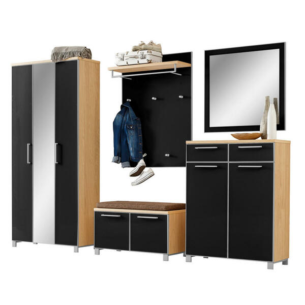 Bild 1 von Garderobe, Anthrazit, Eiche, Hellbraun, Holz, Glas, Textil, 6-teilig, Eiche, furniert, 265x195x40 cm, Garderobe, Garderoben-Sets