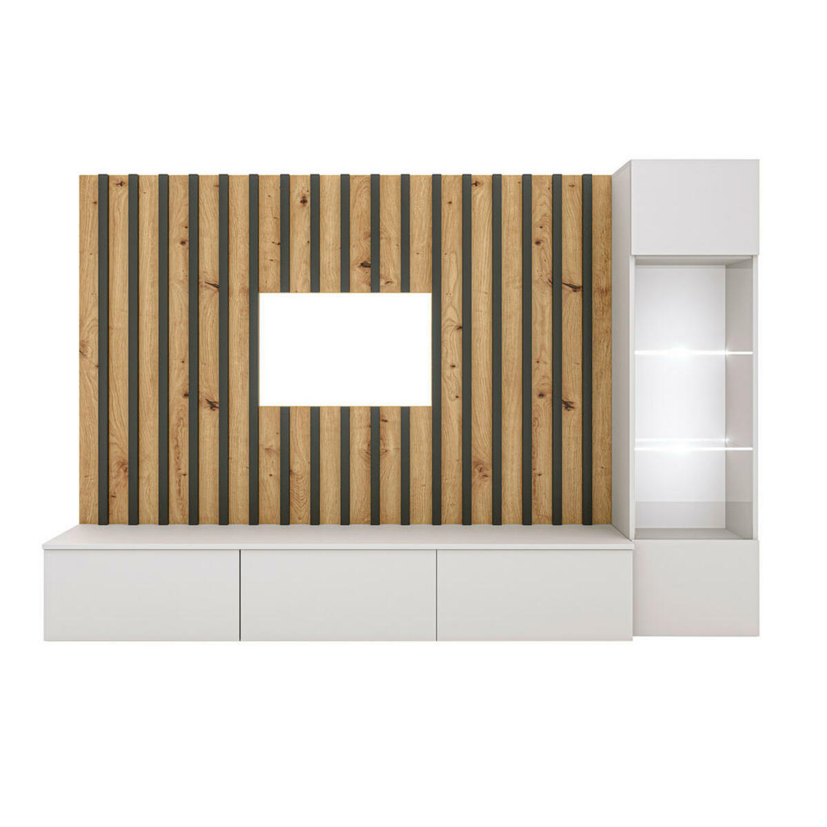 Bild 1 von Mid.you Wohnwand, Grau, Eiche Artisan, Schwarz, Glas, 3-teilig, 4 Fächer, 220x148x35 cm, hängend, Wohnzimmer, Wohnwände, Anbauwände