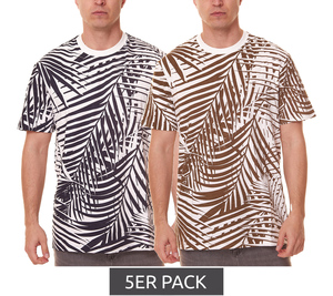 5er Pack ONLY & SONS George Regular Herren Freizeit-Shirt Baumwoll T-Shirt mit Allover Blätter-Print 22022692 Braun Navy