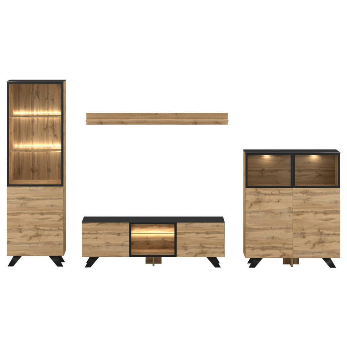 Bild 1 von Mid.you Wohnwand, Schwarz, Eiche Wotan, Metall, Glas, Holzwerkstoff, 8 Fächer, 340x197x45 cm, stehend, hängend, Wohnzimmer, Wohnwände, Anbauwände