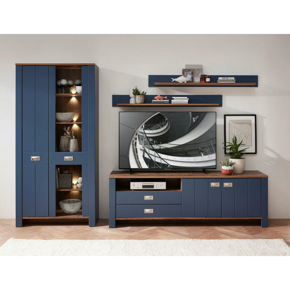 Bild 1 von Mid.you Wohnwand, Blau, Braun, Eiche, Metall, 307x201x45 cm, Wohnzimmer, Wohnwände, Anbauwände