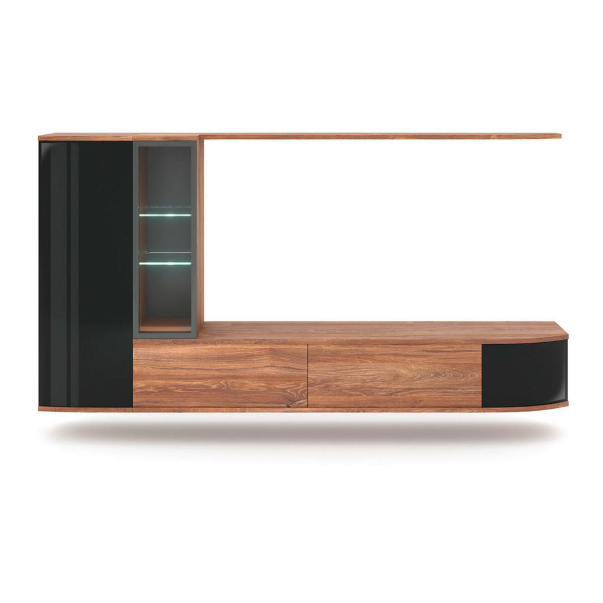 Bild 1 von Mid.you Wohnwand, Schwarz, Eiche, Glas, 4-teilig, 5 Fächer, 255x130x40 cm, hängend, Wohnzimmer, Wohnwände, Anbauwände