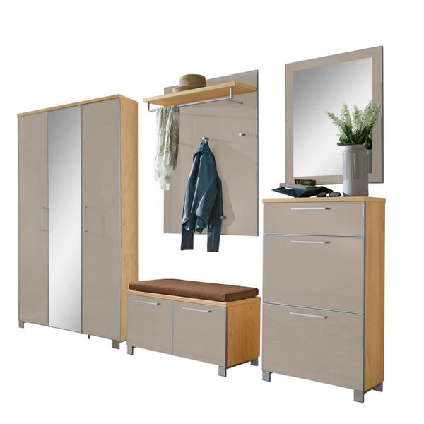 Garderobe Taupe Eiche Holz Glas Textil Teilig Eiche Furniert