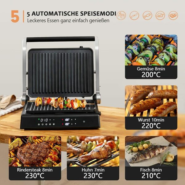 Bild 3 von KOMFOTTEU Kontaktgrill Panini Pressgrill, 2000,00 W, 0-4H Timer, LED-Anzeige, 180° aufklappbar