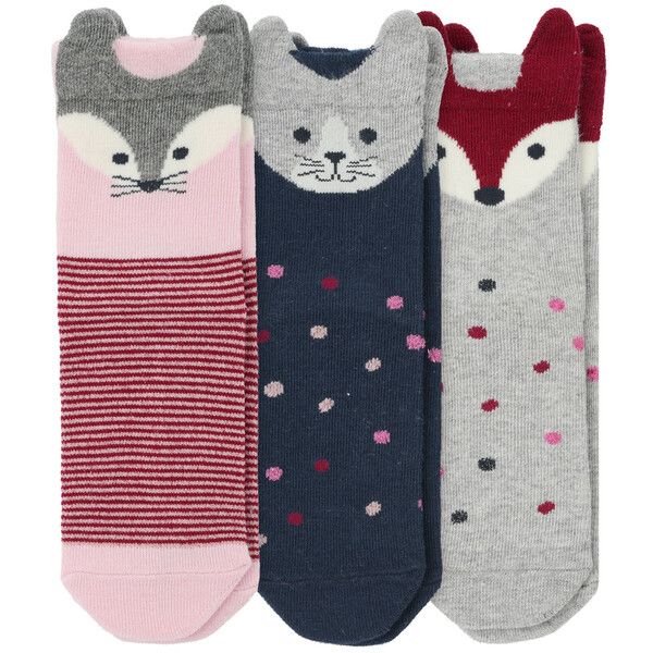 Bild 1 von 3 Paar Mädchen Socken mit Tier-Motiven HELLGRAU / DUNKELBLAU / ROSA