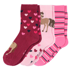 3 Paar Mädchen Socken mit Pferde-Motiven ROSA / PINK