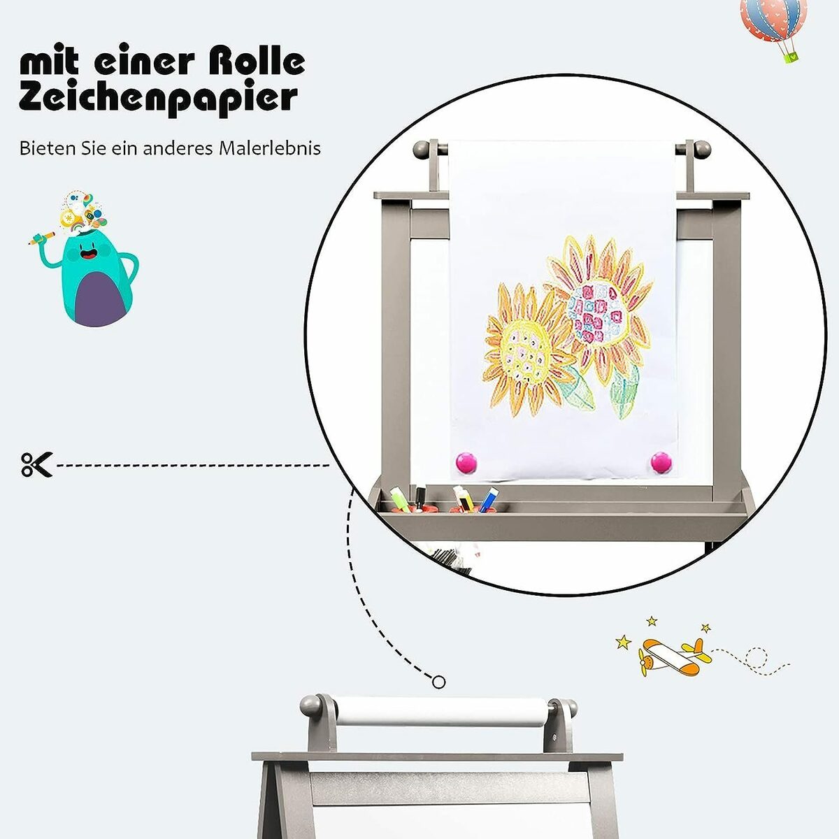 Bild 3 von KOMFOTTEU Standtafel 3 in 1, mit Aufbewahrungsbox, Whiteboard & Kreidetafel