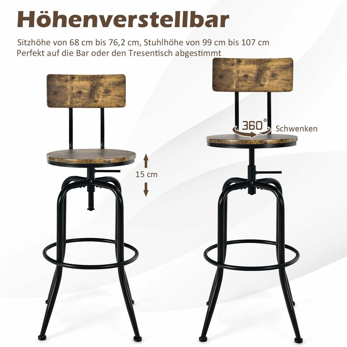 Bild 3 von COSTWAY Barhocker (2er Set), drehbar & höhenverstellbar, abnehmbare Lehne