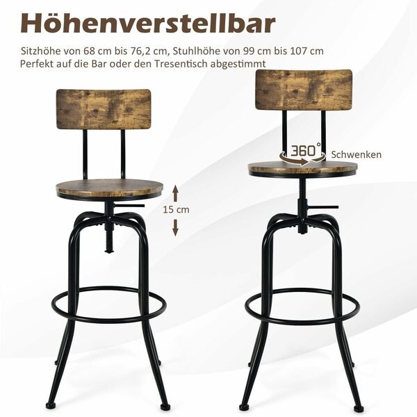 Bild 3 von COSTWAY Barhocker (2er Set), drehbar & höhenverstellbar, abnehmbare Lehne