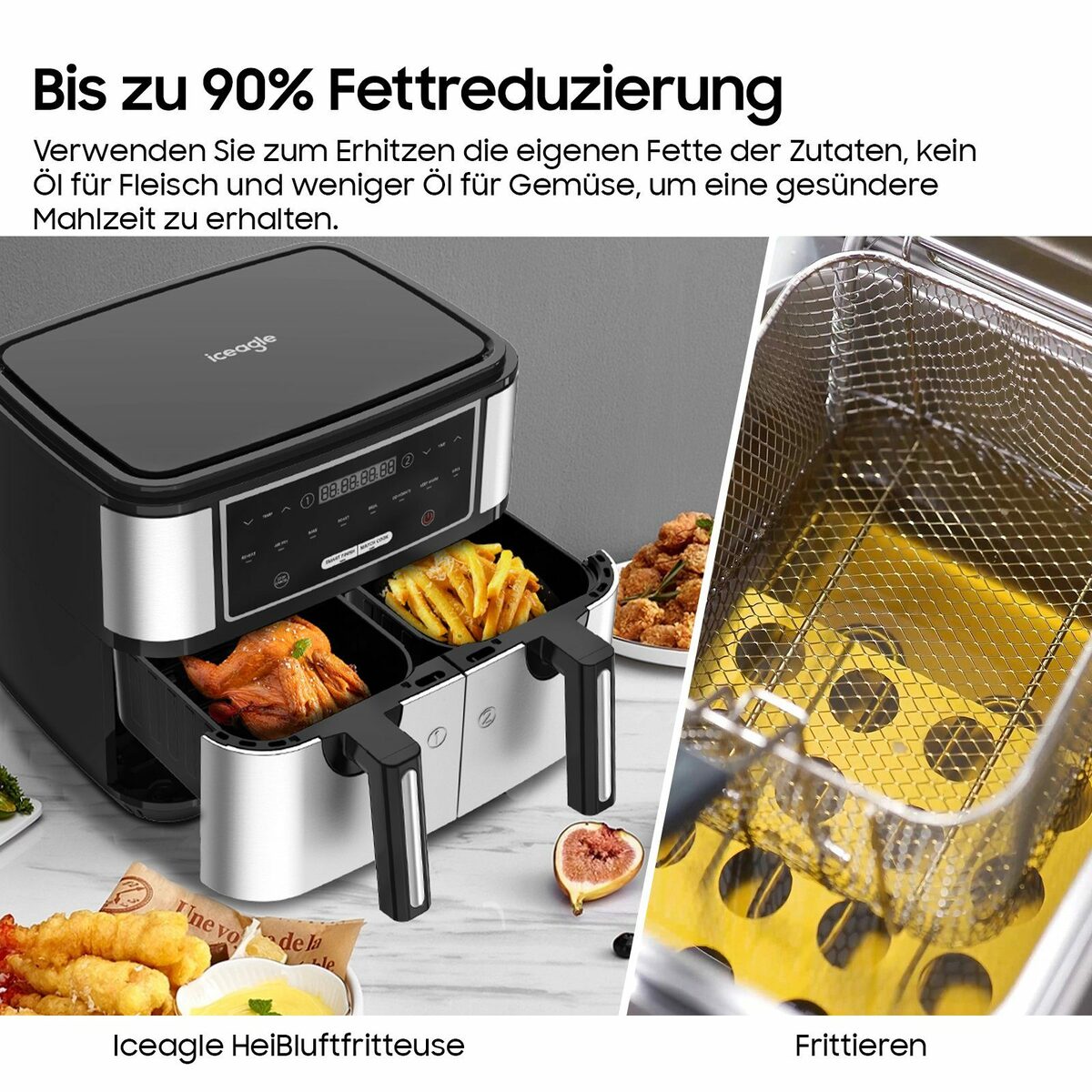 Bild 3 von iceagle Heißluftfritteuse Heißluftfritteuse mit Doppelkammer, 9L Airfryer 2 Körben, 8 Programme, 2600,00 W, 4.5L+4.5L, Ohne Öl Fritteuse Heizluft LED-Touchscreen Edelstahl