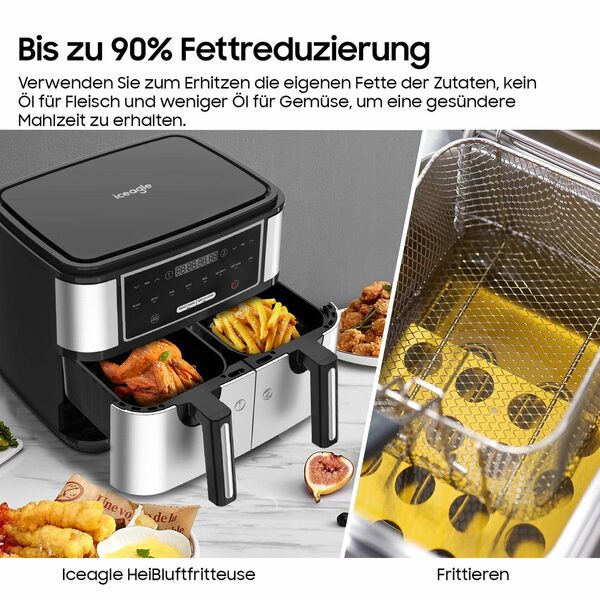 Bild 3 von iceagle Heißluftfritteuse Heißluftfritteuse mit Doppelkammer, 9L Airfryer 2 Körben, 8 Programme, 2600,00 W, 4.5L+4.5L, Ohne Öl Fritteuse Heizluft LED-Touchscreen Edelstahl