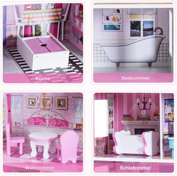 Bild 3 von KOMFOTTEU Puppenhaus Puppenstube, 3 Etagen, mit Möbeln und Zubehör