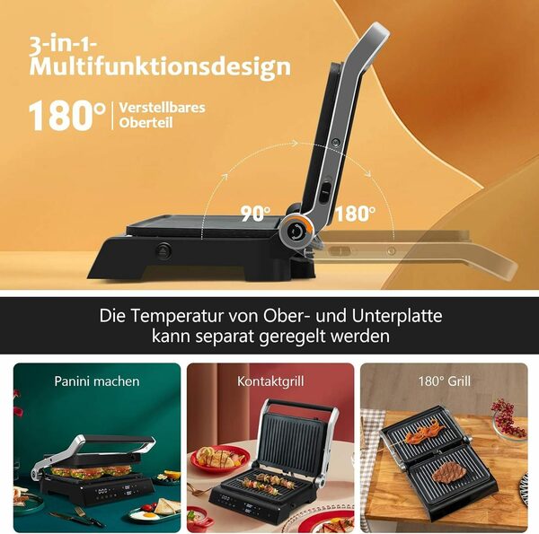 Bild 4 von KOMFOTTEU Kontaktgrill Panini Pressgrill, 2000,00 W, 0-4H Timer, LED-Anzeige, 180° aufklappbar