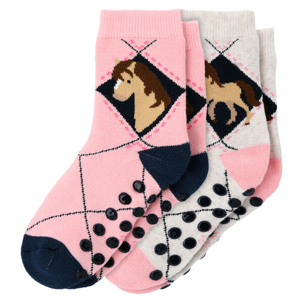 Bild 1 von 2 Paar Mädchen Stoppersocken mit Pferden CREME / ROSA