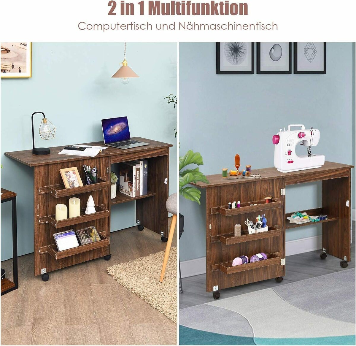 GIANTEX Nähtisch Klappbar - Mit Rollen & Ablagefächern In Eiche