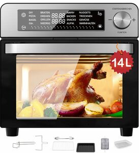 EUARY Heißluftfritteuse 14L XXL Ohne Öl Air Fryer 1700W Heizluft Fritteuse LED-Touchscreen, Airfryer Einstellbare Zeit/Temperaturregelung für Luftbraten, Braten