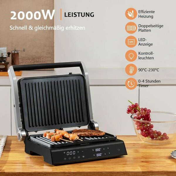 Bild 2 von KOMFOTTEU Kontaktgrill Panini Pressgrill, 2000,00 W, 0-4H Timer, LED-Anzeige, 180° aufklappbar
