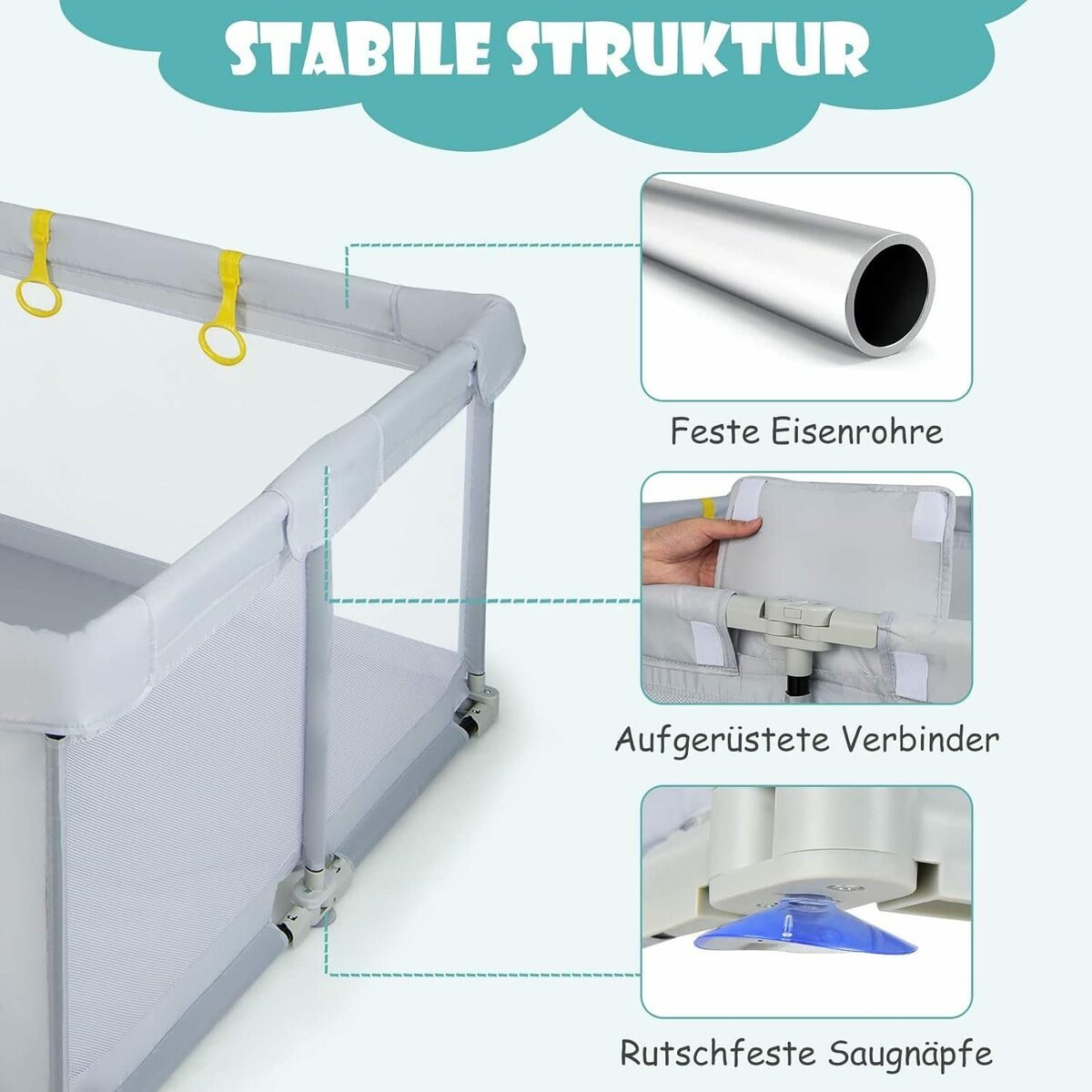 Bild 3 von KOMFOTTEU Laufstall Baby, mit Atmungsaktivem Netz & Reißverschluss, 124 x 124cm