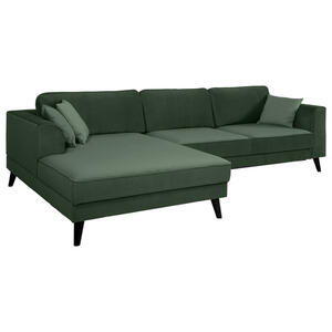Mid.you Ecksofa, Dunkelgrün, Textil, Wenge, 4-Sitzer, Ottomane links, L-Form, 277x167 cm, Typenauswahl, Stoffauswahl, seitenverkehrt erhältlich, Hocker Rücken echt, Armteil links, rechts, Wohnzimm