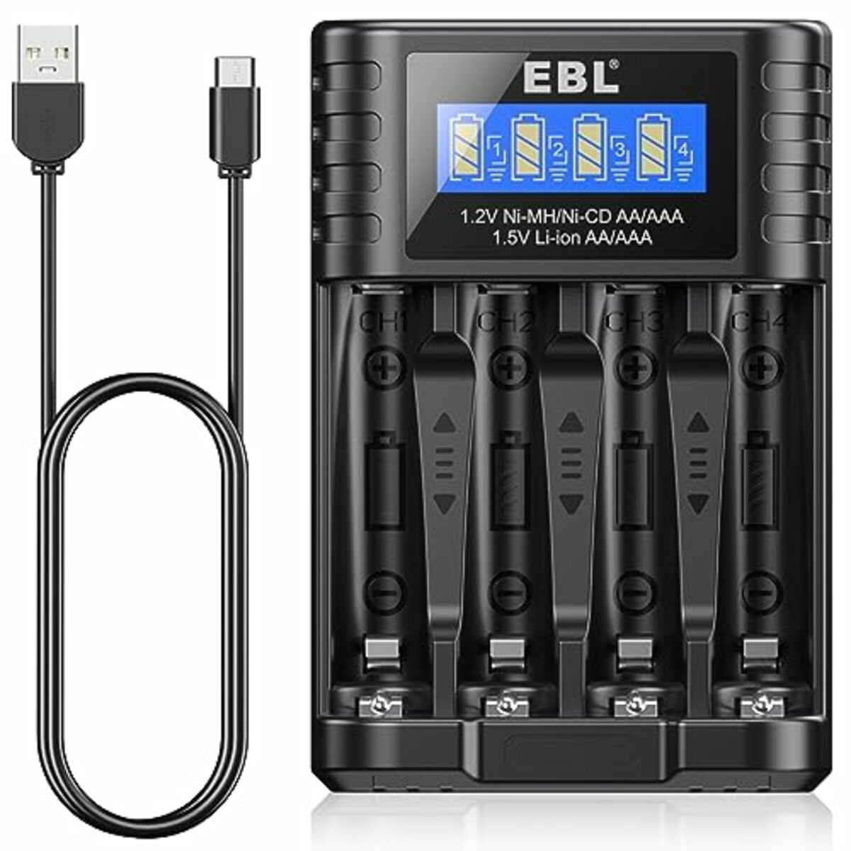 Bild 1 von EBL Akku Ladegerät für AA AAA 1,2V Ni-MH 1,5V Li-Ionen wiederaufladbare Batterien, Intelligentes Anzeige- und Erkennungssystem, separater Ladeschacht