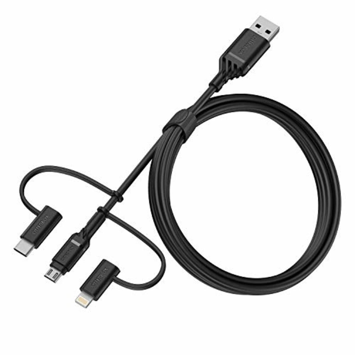 Bild 1 von OtterBox verstärktes 3 in 1 Kabel mit USB-A, USB-C und Lightning Anschluss, Ladekabel für Smartphone und Tablet, Ultra-Robust und getestet auf Biegsamkeit und Flexibilität, 1M, Schwarz