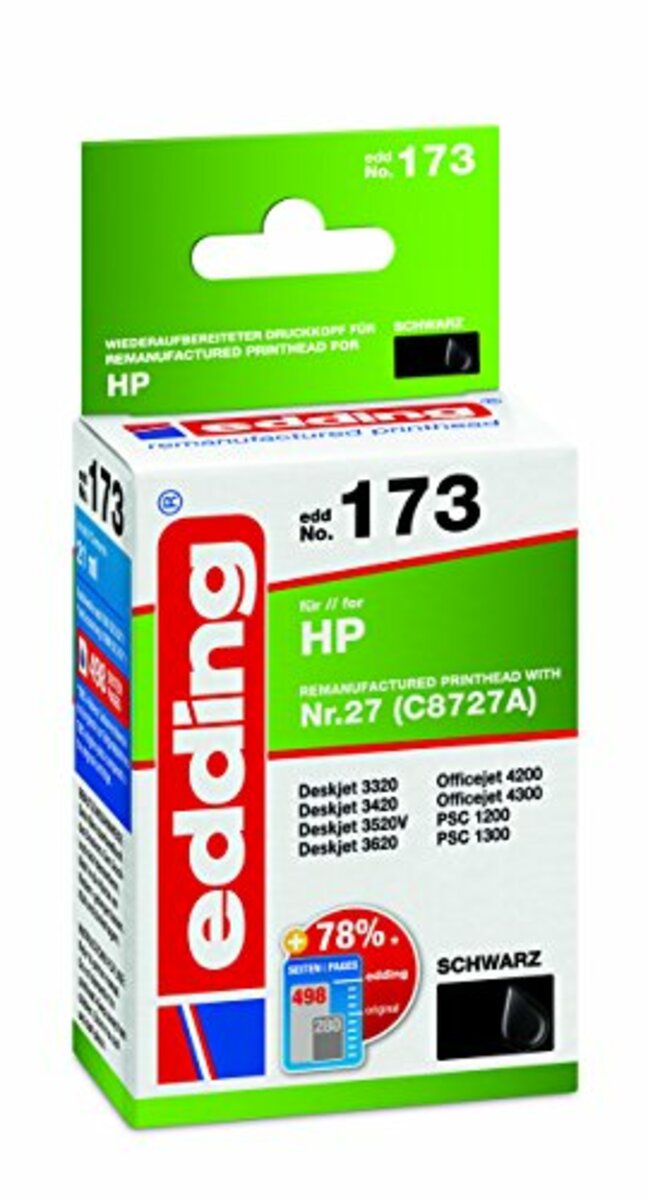 Bild 1 von edding Druckerpatrone EDD-173 - Einzelpatrone - Schwarz - 21 ml - Reichweite 690 Seiten - Ersetzt HP 27 (C8727A)