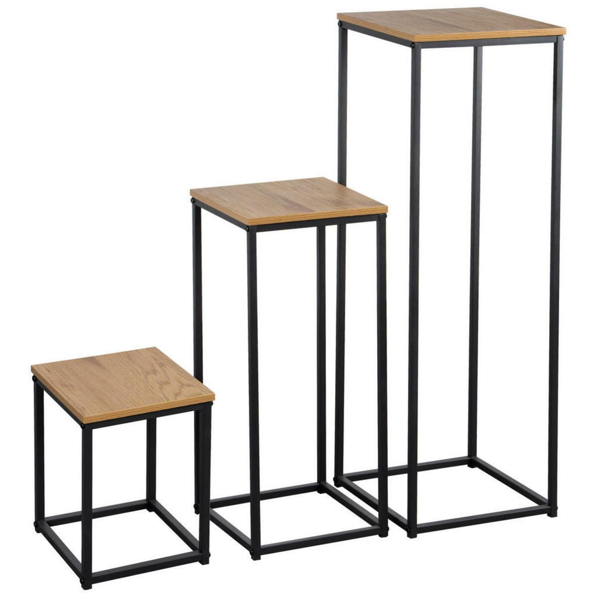 Bild 1 von Mid.you Blumentischset, Schwarz, Eiche, Metall, 3-teilig, quadratisch, Flachrohr, 30x26x22 cm, Bsci, einfacher Aufbau, Wohnzimmer, Wohnzimmertische, Blumenständer