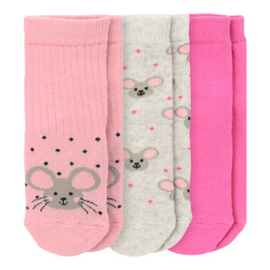 3 Paar Baby Socken mit Maus-Motiv PINK / ROSA / HELLGRAU