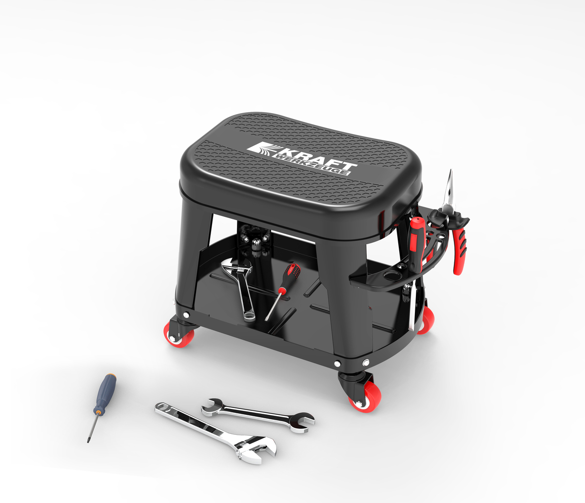 Bild 1 von Kraft Werkzeuge Auto Rollhocker mit Sitzkissen und Werkzeugablage
