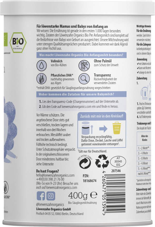 Bild 2 von Löwenzahn Organics Bio PRE Anfangsmilch aus Vollmilch