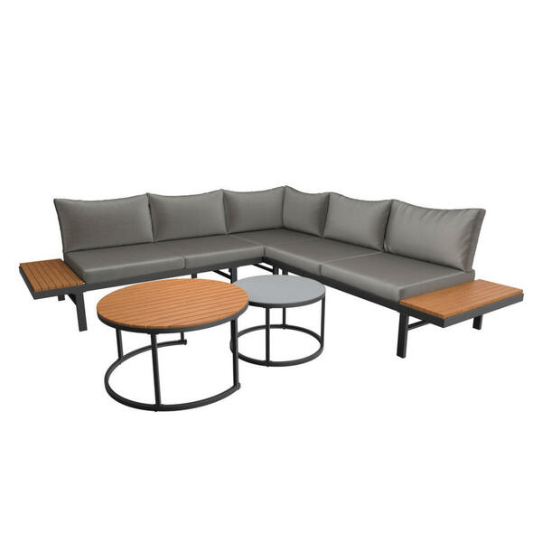 Bild 1 von Ambia Garden Loungegarnitur, Grau, Holz, Metall, Glas, Akazie, massiv, Füllung: Komfortschaum,Polyester, L-Form, UV-beständig, Tisch mit Glasplatte, Loungemöbel, Loungemöbel-Sets